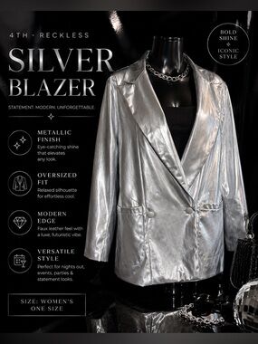 4th + Reckless Silver Metallic Blazer Jacket Statement Piece Y2K